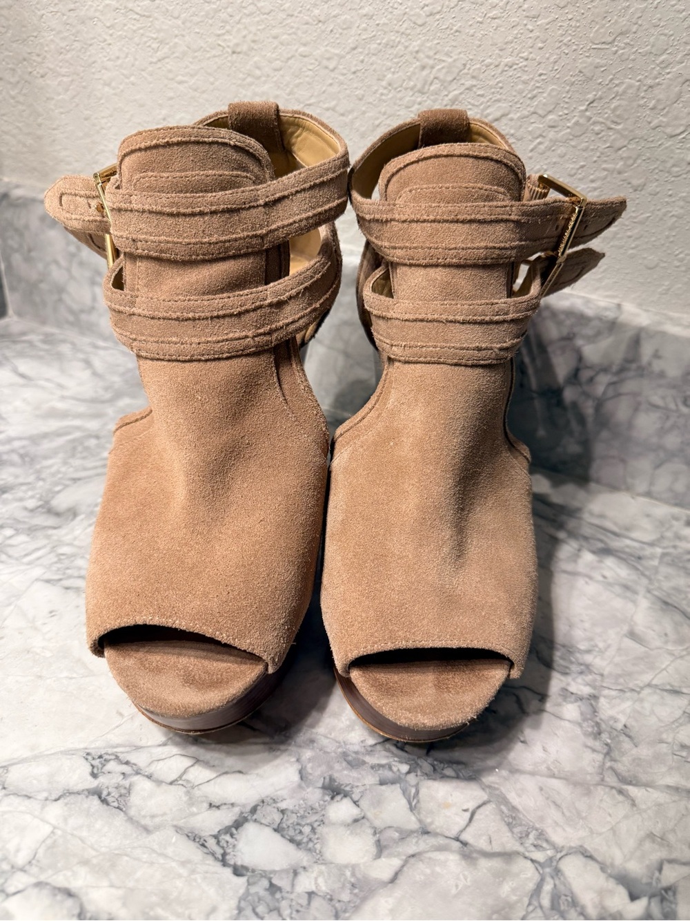 Michael Kors Suede Peep Toe Platform Wedge Sandals – Tan/Camel